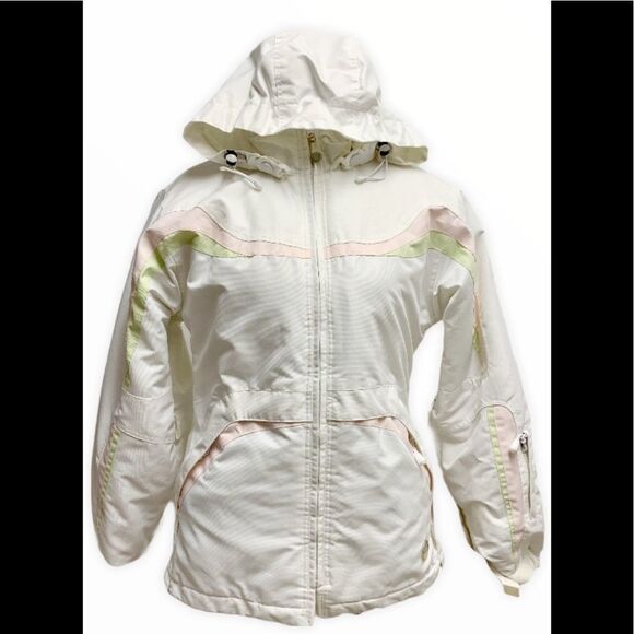 Bongo white winter ski jacket coat green pink detachable hood Sz S - Picture 1 of 16